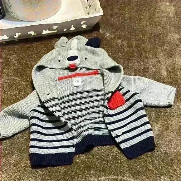 Baby GAP Gray & Navy Striped Sweater w/ Puppy Hood- “Baby Brannan Dog Sweater” - Picture 1 of 6